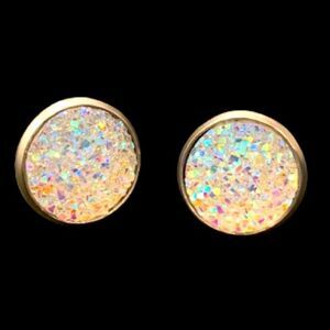 White Iridescent Prism Crystal Stud Earrings Gold Tone